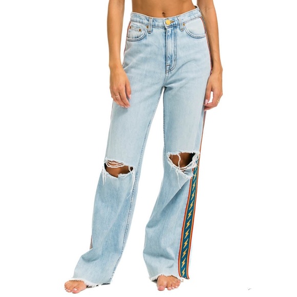 Aviator Nation Denim - Aviator Nation Light Blue Distressed Wide Leg Jeans